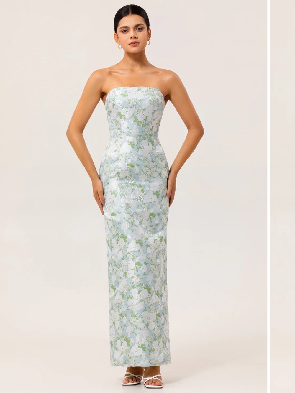 Strapless Light Blue and Green Floral Column Dress
